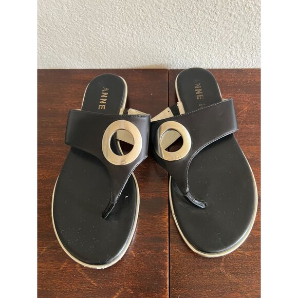 Anne Klein Thong Sandals Womens 7.5M Black Silver Leather Slip On - Picture 3 of 7